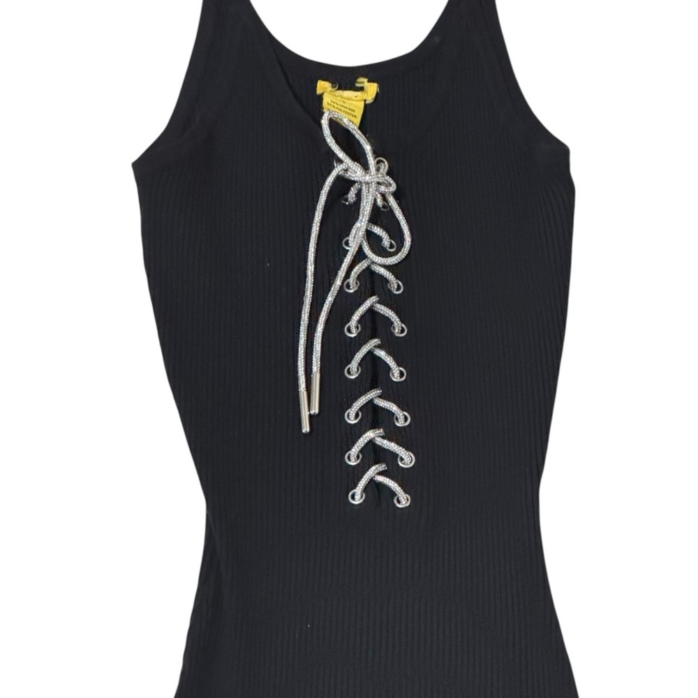 Black Ribbed Rhinestone String Shorts Romper Size… - image 2